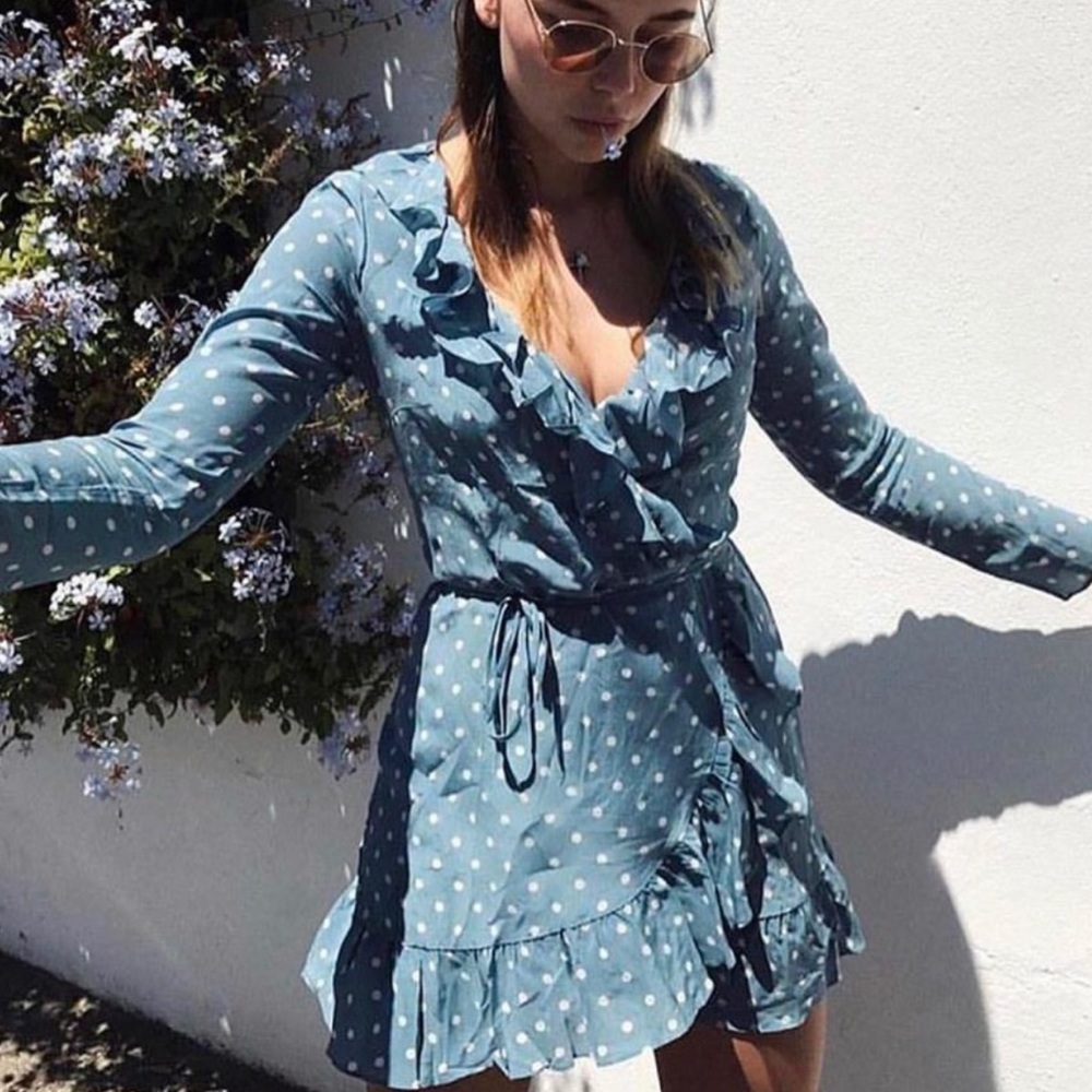 Realisation blue polka dot wrap dress